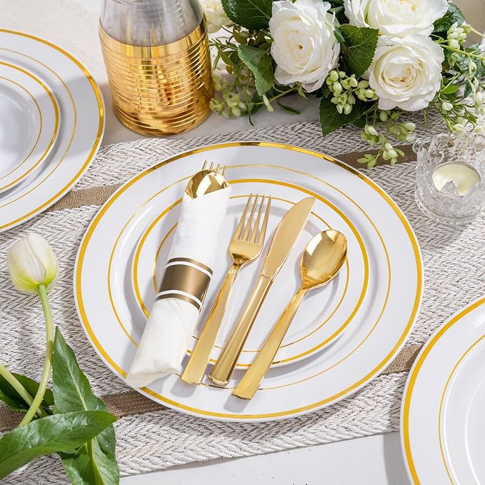 WELLIFE 350-Piece Gold Disposable Plates and Cutlery Set - Image 6