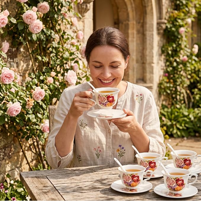 Pumtus Tea Cups and Saucers Set of 6, 8 OZ Vintage Ceramic Teacups - Image 4