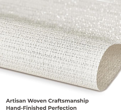 Leetaltree Luxury White and Silver Woven Placemats Set of 8 - Waterproof Washable Textured Table Mats for Wedding, Anniversary, Daily Use - Sparkling Metallic Thread Table Decor - Hand-Cut