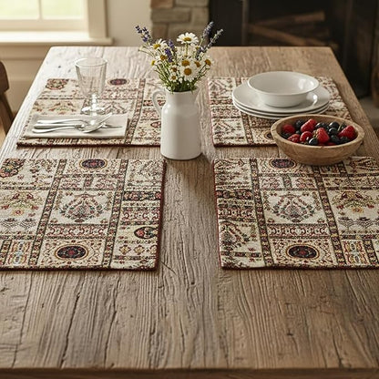 DaDa Bedding Elegant Floral Tapestry Placemats - Set of 4, Mughal-Inspired Woven Cotton Linen Dining Mats, Multi-Colored Vintage Garden Design - 13” x 19