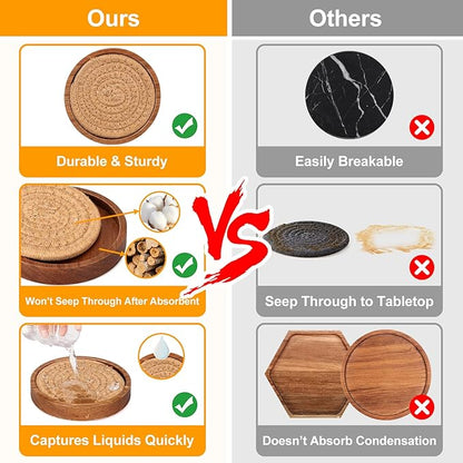 5 Pcs Best Absorbent Wooden Coasters Set - 4 Inches Brown Woven Coaster Modern Acacia Wood Coasters for Drinks, Coffee Table Decor, Farmhouse, Bar, Office, Beer, Kitchen, Dining Room, Outdoor, Desk