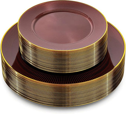 Hioasis 60pcs Burgundy and Gold Plastic Plates - Burgundy Disposable Dinnerware Set, 30pcs Dinner 10.25in & 30pcs Dessert 7.5in Plates with Striped Designs for Party & Wedding
