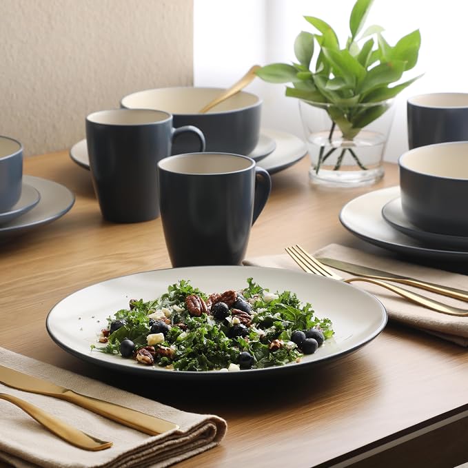 Gibson Elite Oxford Blue Plates and Bowls Sets, 16 Piece Stoneware Dinnerware - Image 2