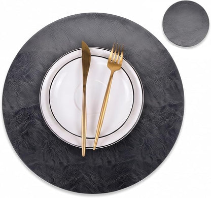 Set of 8 Round PU Leather Placemats, Waterproof Coffee Coasters, Kitchen Table by JOVONO