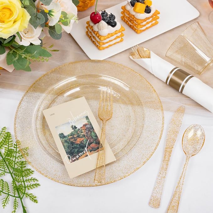 WELLIFE 210Pcs Gold Glitter Dinnerware Set, Include: 30Dinner Plates, 30Dessert - Image 4