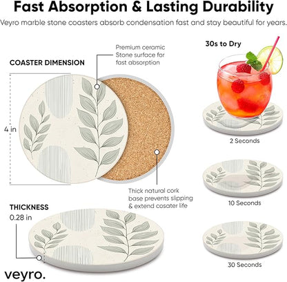 VEYRO Ceramic Coasters Set of 4 – Absorbent Stone Drink Coasters with Holder, Non-Slip Cork Backing, Modern Marble Look Coasters for Coffee Table, Desk & Home Decor