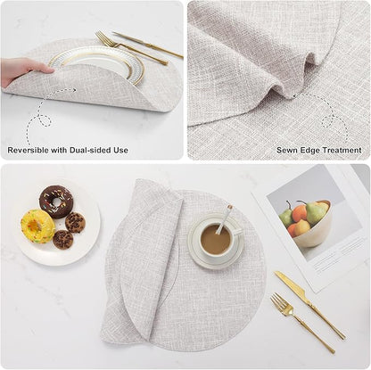 homing 15 Inch Round Cloth Placemats Set of 6, Cotton Linen Blend Washable Table Mats, Farmhouse Dining Place Mats for Indoors & Outdoors, Easy to Clean, Beige