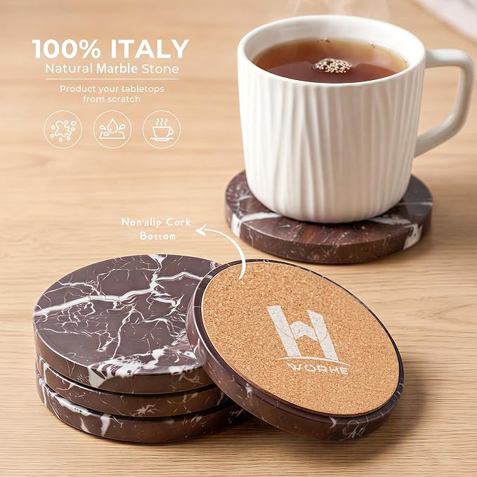 Natural Marble Coasters Set of 4-4" Round Stone Drink Coasters, Non-Slip Cork - Image 3
