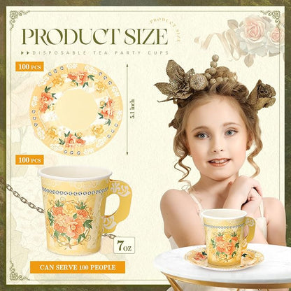Nuogo 200 Pcs Floral Paper Tea Cups and Saucers 7 oz Disposable Paper Teacups - Image 2