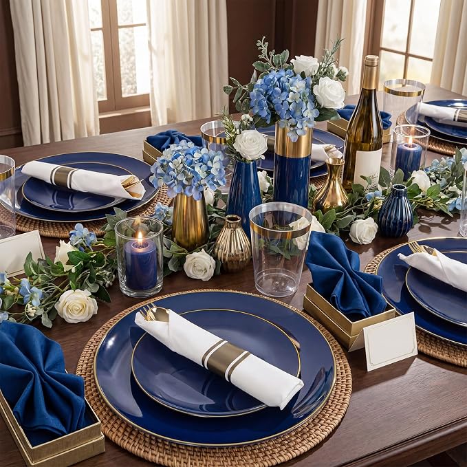 KIRE 350Pcs Blue and Gold Plates -Heavy Duty Navy Blue Dinnerware Set - Image 3