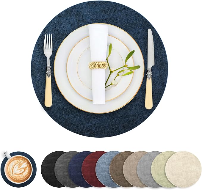 Round Faux Leather Placemats and Coasters, Reversible Heat Resistant Non-Slip by LANDVIEW