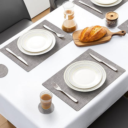 MOSAYT Placemats Set of 4, Heat Resistant Vinyl Place Mats with Coasters, 100% Waterproof Wipeable Washable Faux Leather Table Mats for Kitchen Dining Party Outdoor, 12" x 17", Light Grey