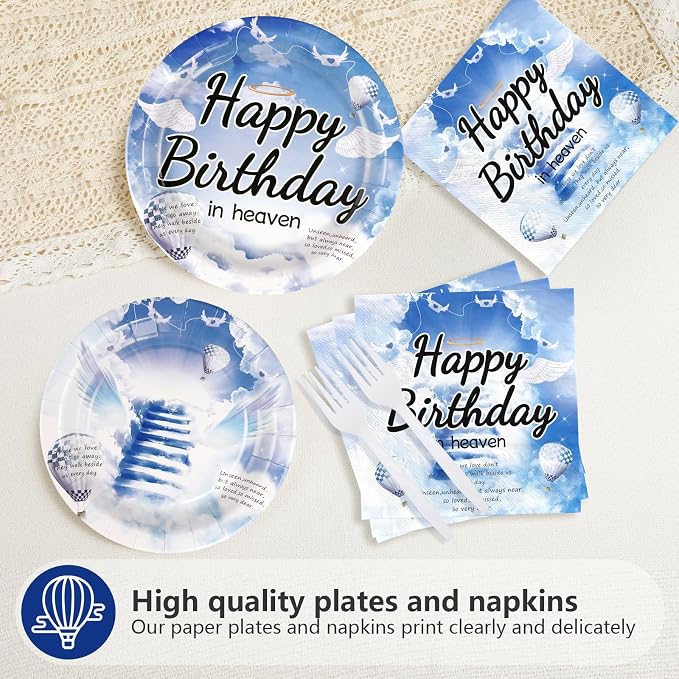 96 Pcs Happy Birthday in Heaven Party Decorations, Serves 24 | Funeral - Image 3