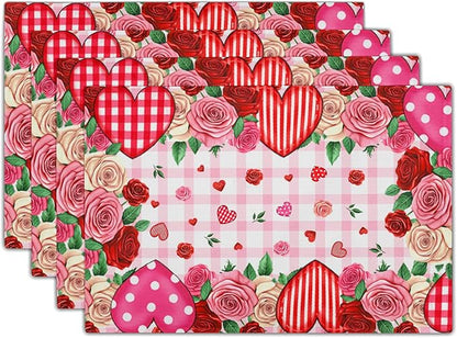 Red Rose Love Heart Polka Dots Stripe Placemat Set of 4,12x18 Inch Romantic Vintage Floral Farmhouse Holiday Wedding Anniversary Table Mats for Party Kitchen Dining Decoration