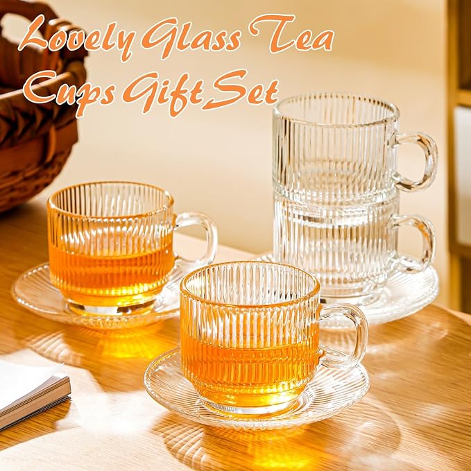Atarvana 6 Pack Glass Tea Cups and Saucers Set - Image 6