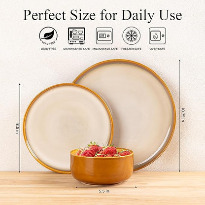 LeRatio Ceramic Dinnerware Sets for 4,Porcelain Plates and Bowls Sets, Reactive Glaze Dishes Set,Chip Resistant and Scratch Resistant | Oven&Dishwasher & Microwave Safe,Service for 4-Kahki &Black