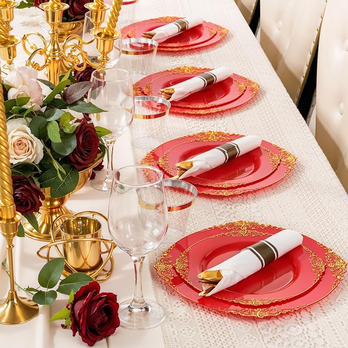 Nervure 100Pcs 10.25'' Red Plastic Plates, Heavy Duty Disposable Plates - Image 5