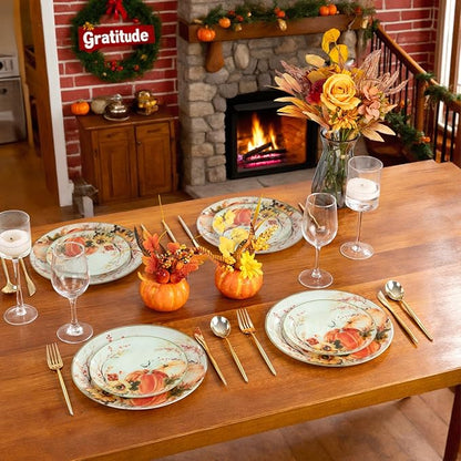 DaYammi 20 Thanksgiving Plastic Plates - Disposable Heavy duty Fancy Pumpkin Patterns, Orange plastic plates 10.25-inch Dinner and 7.5-inch Dessert Plastic Plates for Thanksgiving & holiday