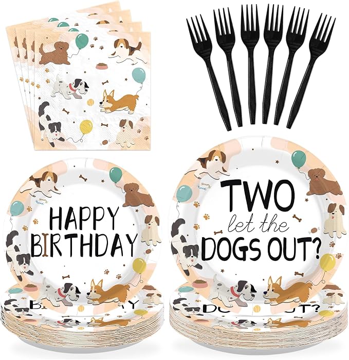 96Pcs Dog Theme 2nd Birthday Party Decorations, Serve 24 | Puppy Paw Print by Greencian