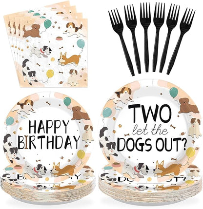 96Pcs Dog Theme 2nd Birthday Party Decorations, Serve 24 | Puppy Paw Print by Greencian