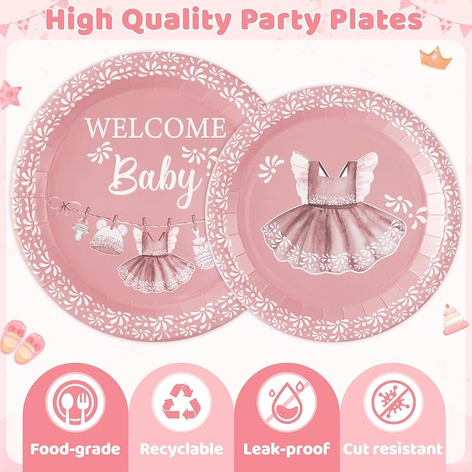96Pcs Pink Platos De Barro Mexicanos Baby Shower Party Plates Supplies Welcome - Image 3