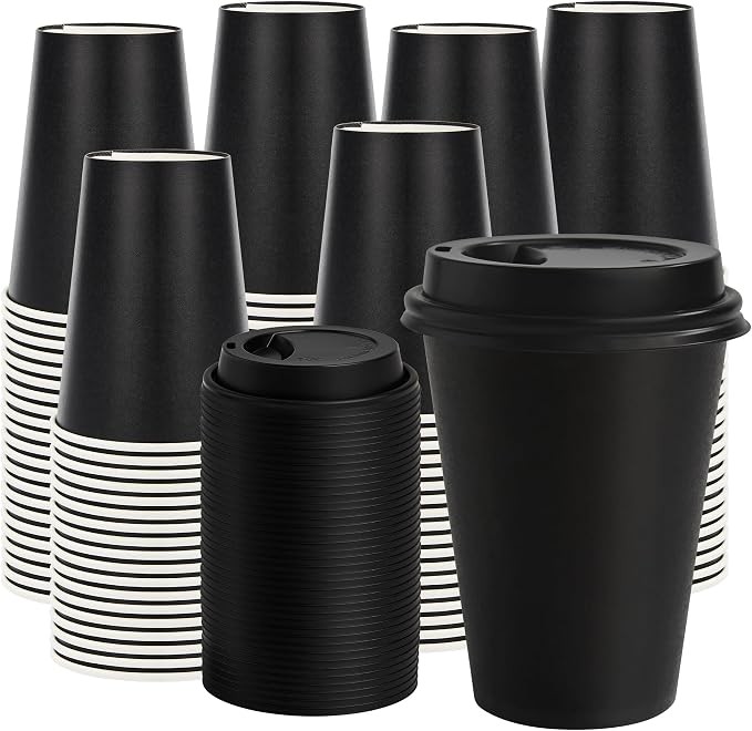 12 oz Paper Coffee Cups with Lids 100 Pack, To Go Cups, by VPACKDUO