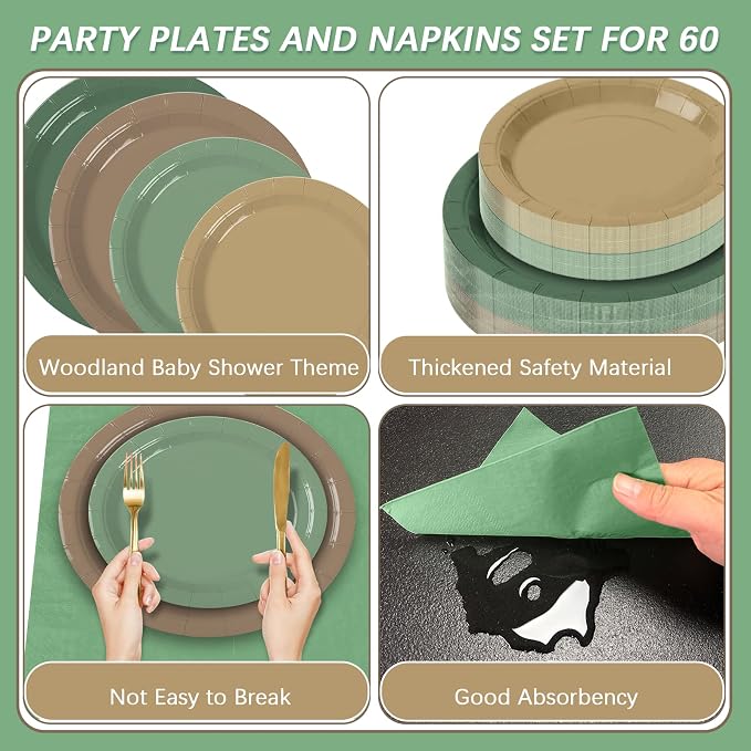 180Pcs Green and Brown Party Supplies Paper Plates and Napkins Serve 60 | - Image 3