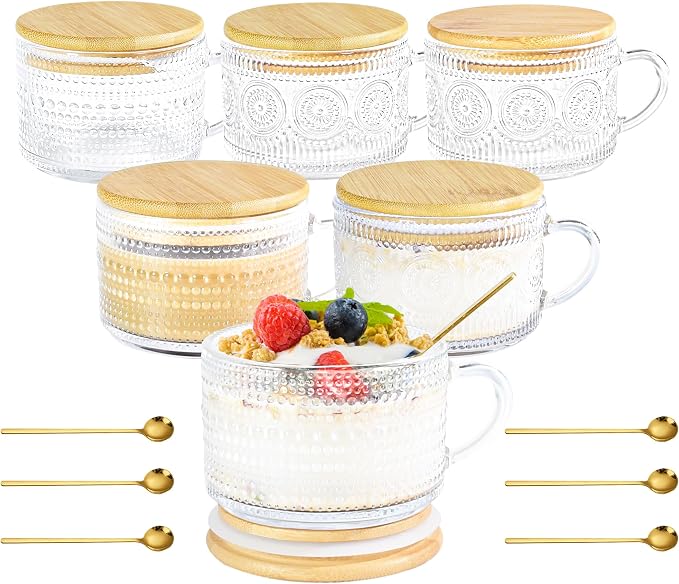 Glass Coffee Mugs with Handle Overnight Oats Containers with Lids | 14oz by ICESIP