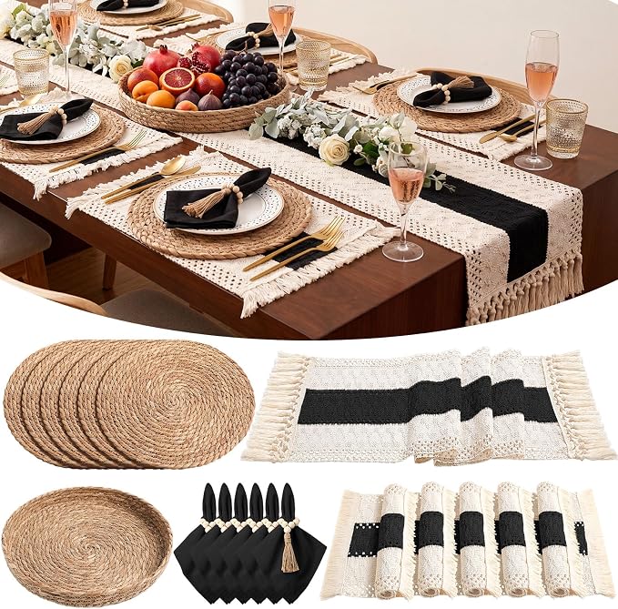 6 Sets Boho Decoration Placemats Round Woven Placemats, Cloth Napkins, Wood by Gandeer