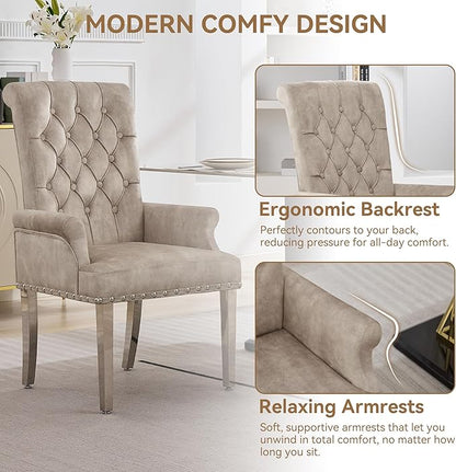 Velvet Dining Chair with Arms, Upholstered Tufted High Back Dining Room Chairs, Accent Armchair with Chrome Leg and Nailhead Trim, Kitchen Dining Living Room, Beige (Ivory)
