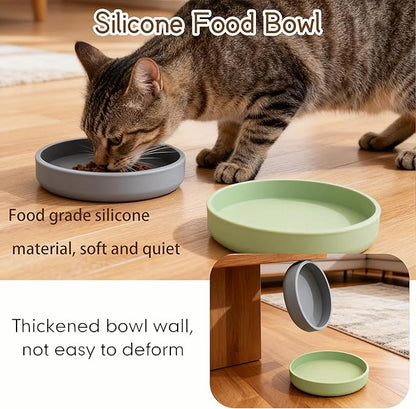 2 Pcs Silicone Cat Bowls Non-Slip Cat Dish for Dry & Wet Food Shallow Relief Whisker Fatigue Pet Bowl Set for Cats Small Dogs, Green with Grey