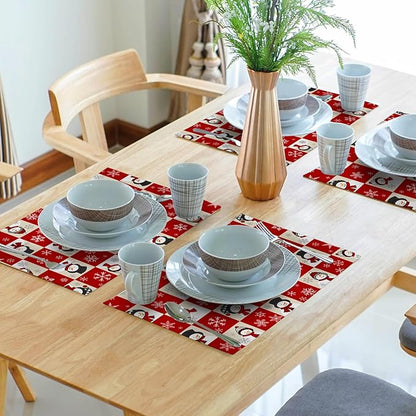 Winter Placemats Set of 4 - Cute Snowflake Snowman Place Mats 12x18 Table Mats Red Beige Buffalo Plaid Kitchen Mats for Party Dining Table