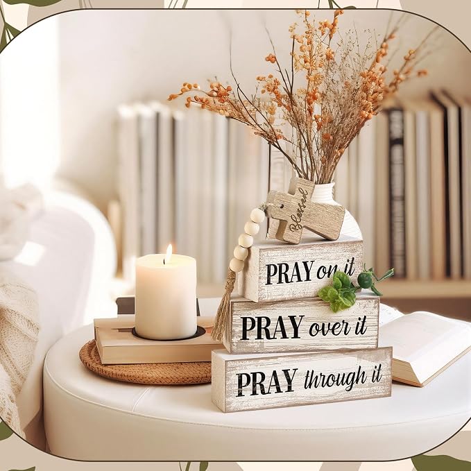Moucuny 4 Pcs Christian Table Decor Wooden Cross Wooden Bible Verse Sign - Image 4
