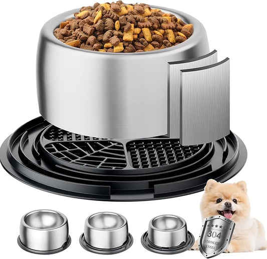 304 Stainless Steel Dog Bowls, Heavy Duty Dog Food Bowl with Extra Strong Non-Slip Mat, Thick Metal Base Water Bowl with Lick Mat for Puppies & Cats, Indoor/Outdoor (8.5 oz)