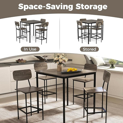 COSTWAY Dining Table Set for 4, 5-Piece Square Kitchen Nook Dinette Set with 4 Bar Stools with Footrest, Backrest, Space-Saving Design, Industrial Kitchen Table and Chairs for Apartment, Grey