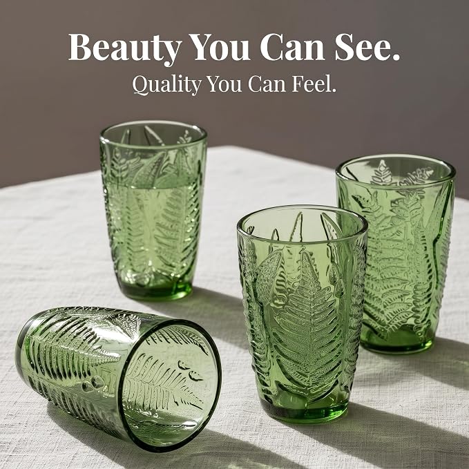 Green Drinking Glasses Set of 4, 12 oz Glass Cups, Vintage Fern Glassware | - Image 2