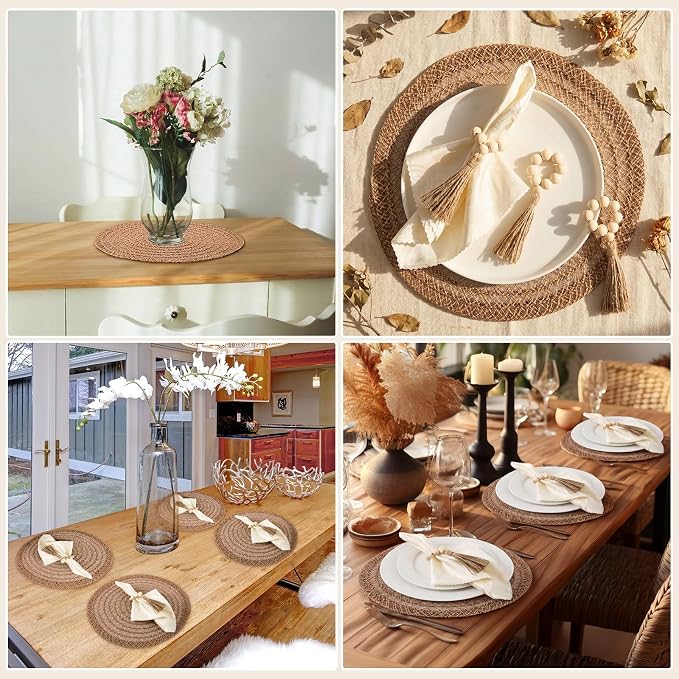 24 Pcs 15'' Burlap Boho Woven Placemat Wood Bead Napkin Rings - Image 6