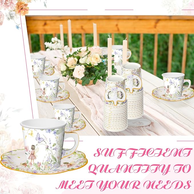 Umigy 60 Sets Tea Party Decorations 6.5 oz Fairy Floral Paper Tea Cups - Image 5