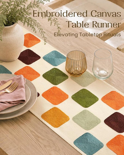 Embroidered Canvas 13"x 72" Narrow Table Runner, Mosaic | Exquisite Embroidery - Image 2