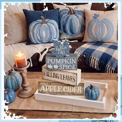 Moucuny 4 Pcs Fall Table Decoration Rustic Blue Maple Leaf Stacked Wooden Block - Image 5