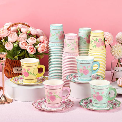 FillTouch 200 Sets Floral Paper Tea Cups and Saucers Disposable Paper Tea Party - Image 2