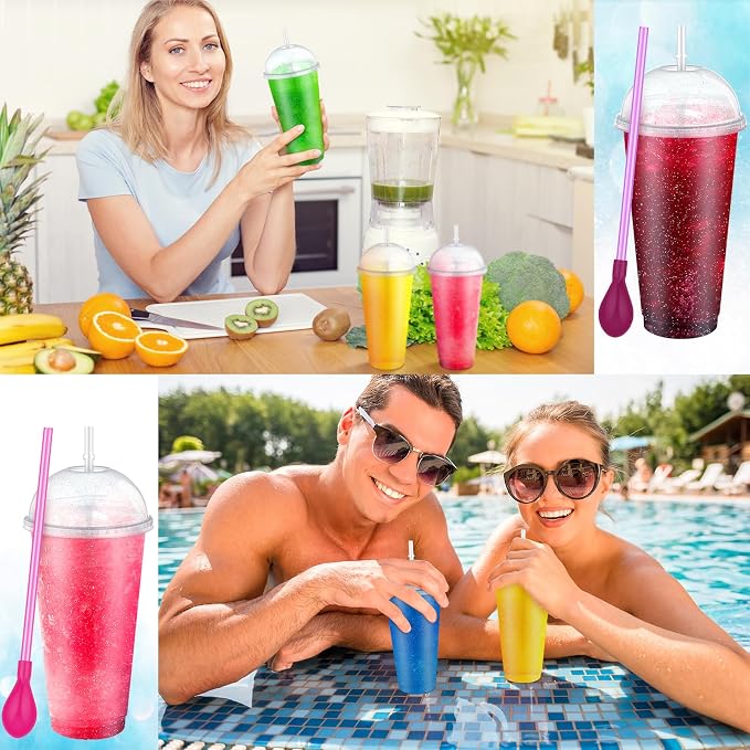6 Set Slushie Cups with Dome Lids and Straws Detachable Spoon Straws Reusable - Image 6