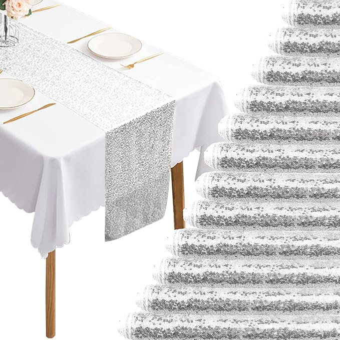 12 Packs 12 X 72 Inch Silver Sequin Table Runner Glitter Dining Table Runner by Fivenl