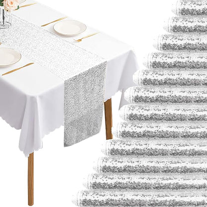 12 Packs 12 X 72 Inch Silver Sequin Table Runner Glitter Dining Table Runner by Fivenl