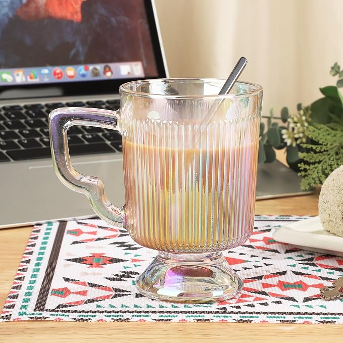 Joeyan Iridescent Glass Coffee Mugs, Vintage Ribbed Coffee Cups - Image 6
