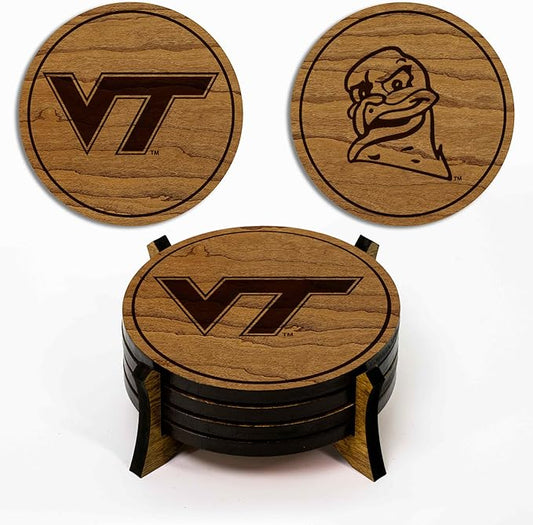 LazerEdge Virginia Tech Hokies Wooden Coaster Set - Cherry Wood - Officially Licensed Product - 4-Pack