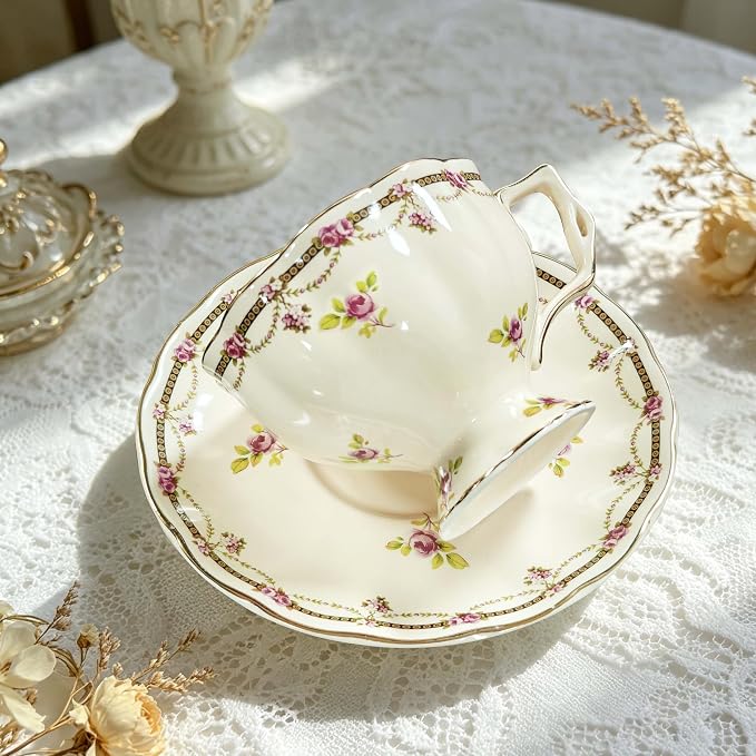 Tea Cups and Saucers Set, Porcelain Coffee Mugs, 8.4 OZ Vintage Coffee Cups - Image 5