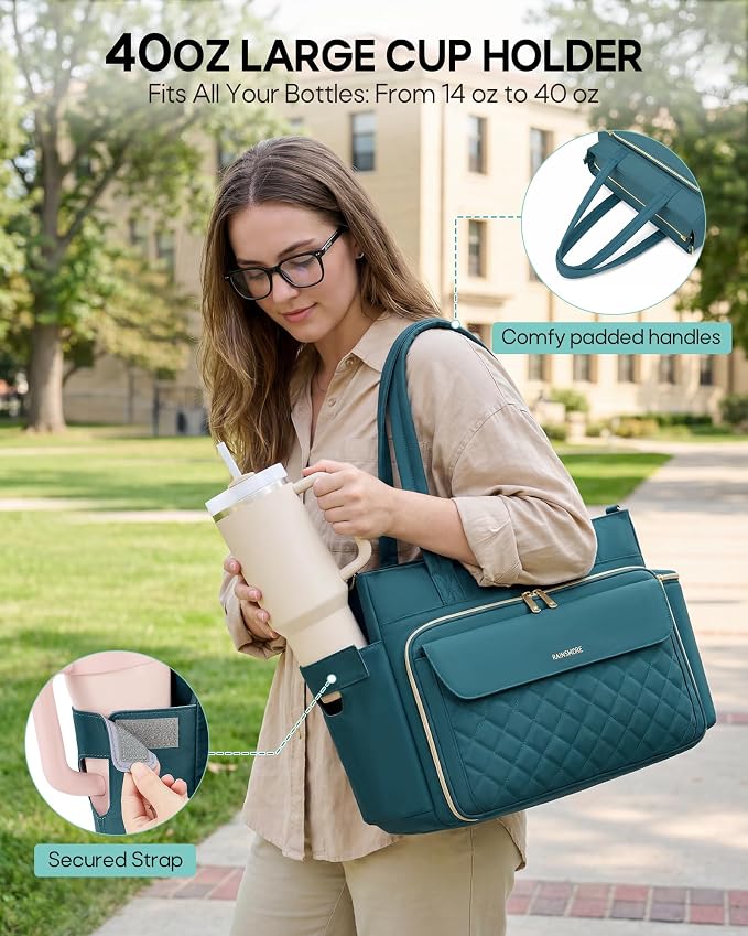RAINSMORE Teacher Bag for Women, 15.6" Laptop Work Tote, 40oz Cup Holder | - Image 4
