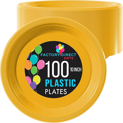 Party Solids Yellow Plastic Plates For Party 10" Yellow Disposable Plates Heavy Duty 100 Pcs Plastic Dinnerware Sets Heavy Duty 350 GSM Disposable Dinnerware Set