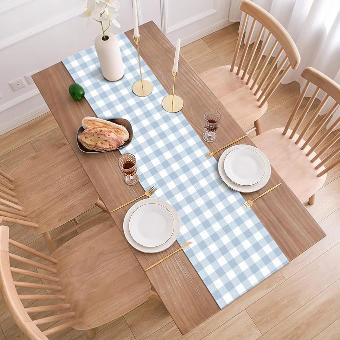 Dusty Blue Gingham Table Runner Light Blue Checkered Boy Girl Baby Shower - Image 4
